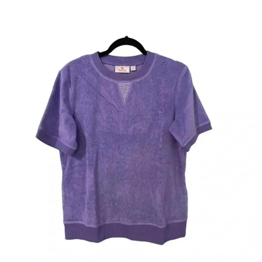 Quacker Factory Sweater Women’s Medium Purple Short Sleeve Terry Cloth Studded
